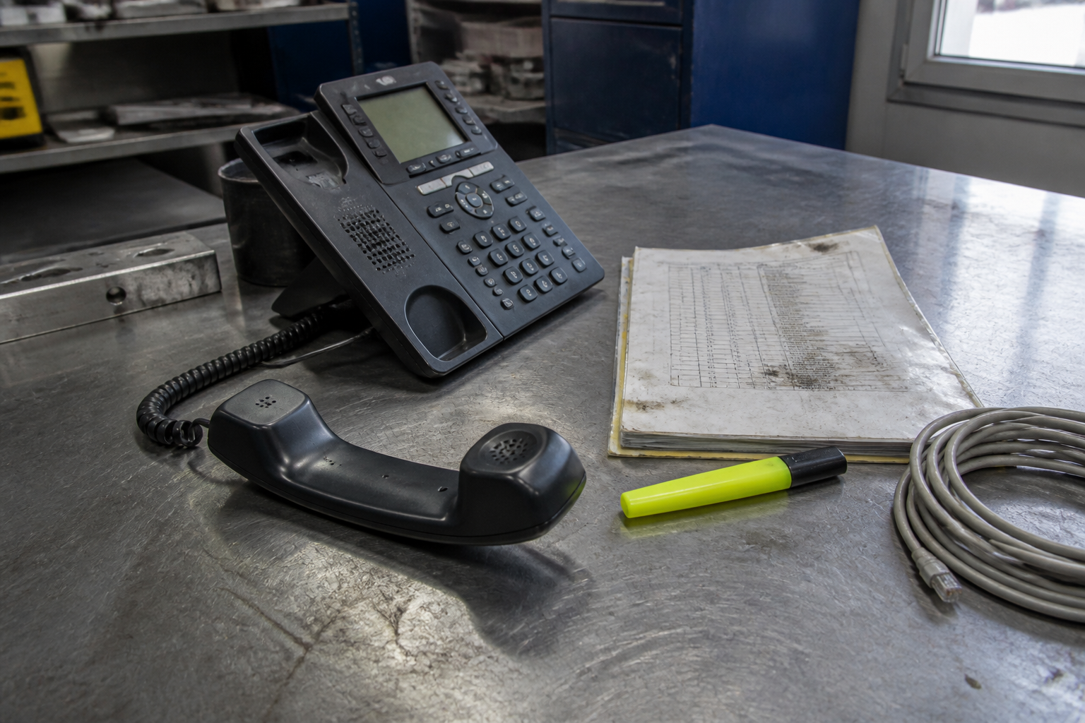 A VoIP handset off the hook on a scratched metal workbench beside a highlighter and a printed packet.