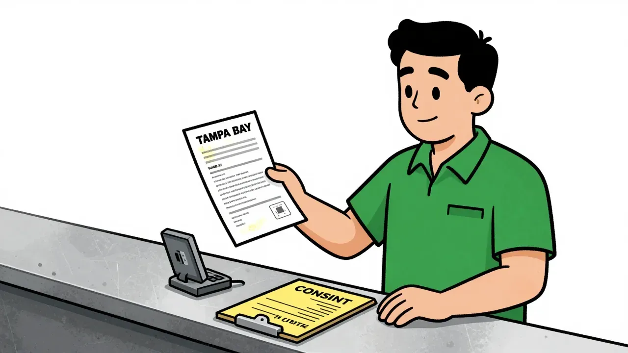 A warm editorial cartoon of a shop clerk at a counter comparing a traveler packet to a status screen beside a CONSENT clipboard, white minimal background, bold outlines, soft cell shading, human warmth.