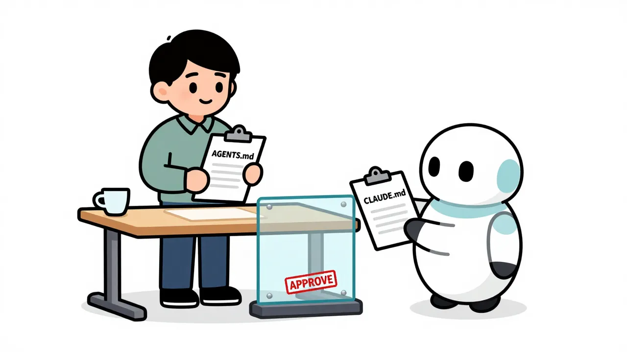 A warm editorial cartoon of an office worker holding an AGENTS.md clipboard beside a friendly robot offering a CLAUDE.md clipboard at a clear APPROVE gate, white minimal background, bold black outlines, soft cell shading, narrative humor.