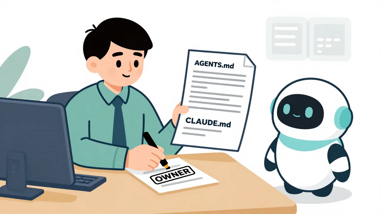 A warm editorial cartoon of an office worker stamping OWNER while reviewing AGENTS.md and CLAUDE.md cards beside a small friendly robot, white minimal background, bold outlines, soft cell shading, human warmth.