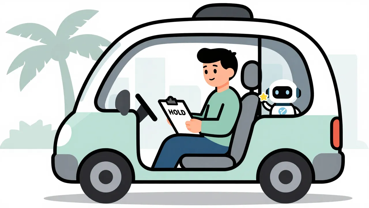 A warm editorial cartoon of a calm rider with a HOLD clipboard in a generic driverless city car beside a friendly robot and palm silhouettes, white minimal background, bold outlines, soft cell shading, human warmth.