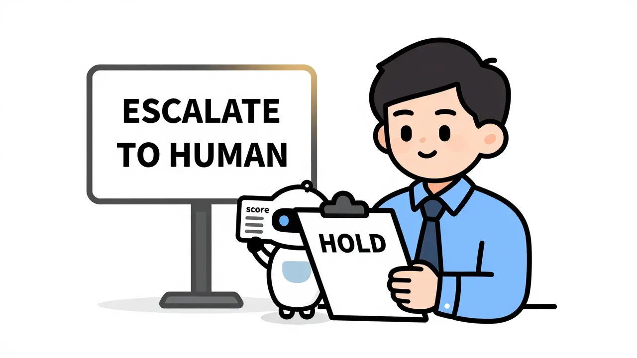 A warm editorial cartoon of an office worker holding a HOLD clipboard beside a friendly robot with a score card under an ESCALATE TO HUMAN sign with soft amber glow, white minimal background, bold outlines, soft cell shading, human warmth.