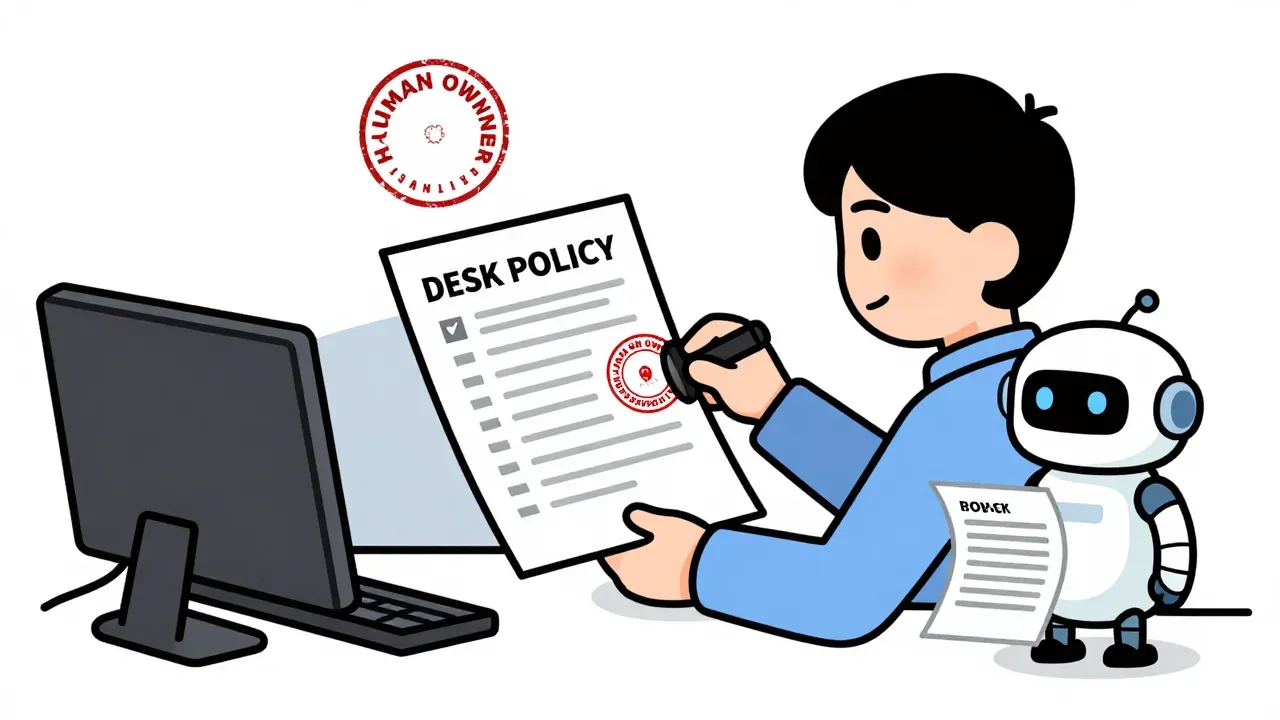 A warm editorial cartoon of an office worker stamping HUMAN OWNER on a DESK POLICY checklist while a small friendly robot waits with a typed probability slip, white minimal background, bold outlines, soft cell shading, human warmth.