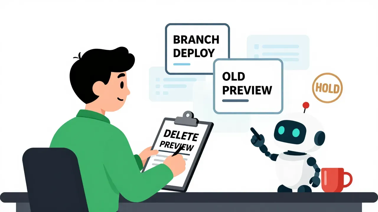 A warm editorial cartoon of an office worker writing DELETE PREVIEW on a clipboard while a small friendly robot points at BRANCH DEPLOY and OLD PREVIEW cards with a HOLD stamp, white minimal background, bold outlines, soft cell shading, human warmth.