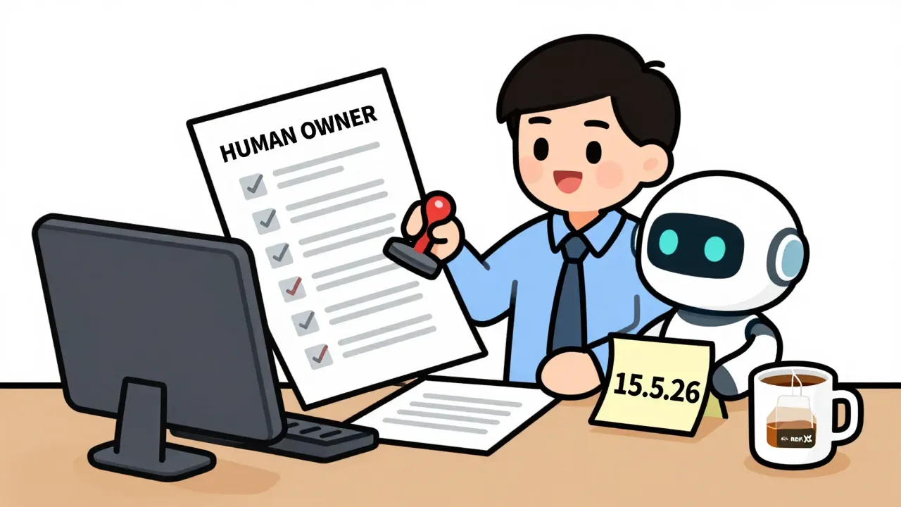 A warm editorial cartoon of an office worker stamping HUMAN OWNER on an untrusted-input checklist while a small friendly robot waits with a Next.js 15.5.26 sticky note and a tea mug on the desk, white minimal background, bold outlines, soft cell shading, human warmth.