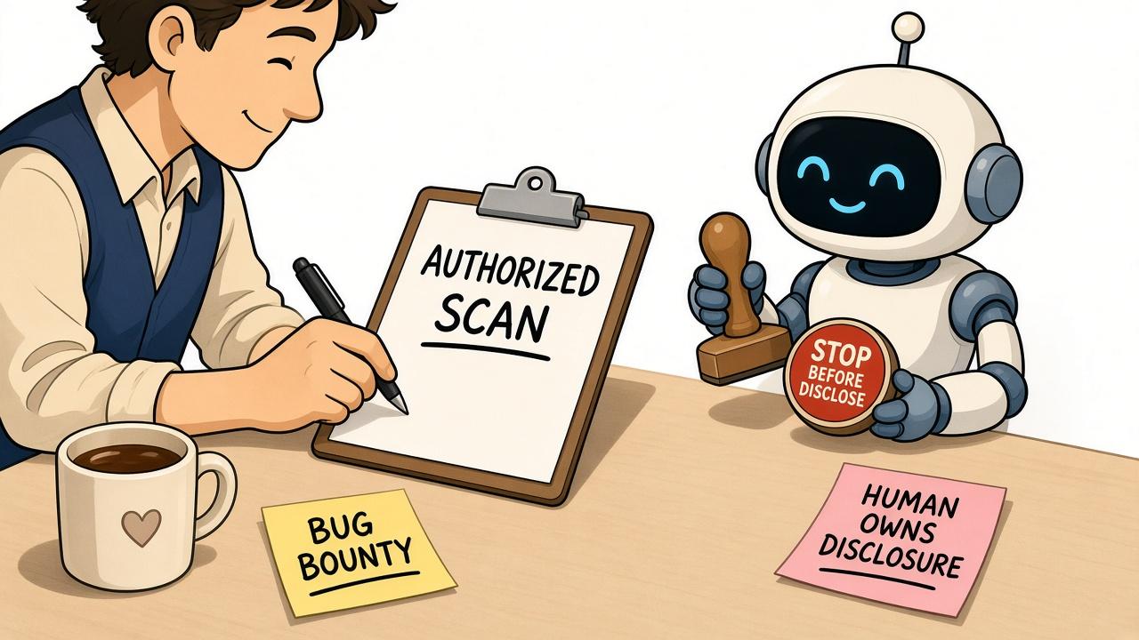 A warm editorial cartoon of an office worker writing AUTHORIZED SCAN on a clipboard while a small friendly robot holds a STOP BEFORE DISCLOSE stamp beside BUG BOUNTY and HUMAN OWNS DISCLOSURE sticky notes, white minimal background, bold outlines, soft cell shading, human warmth.