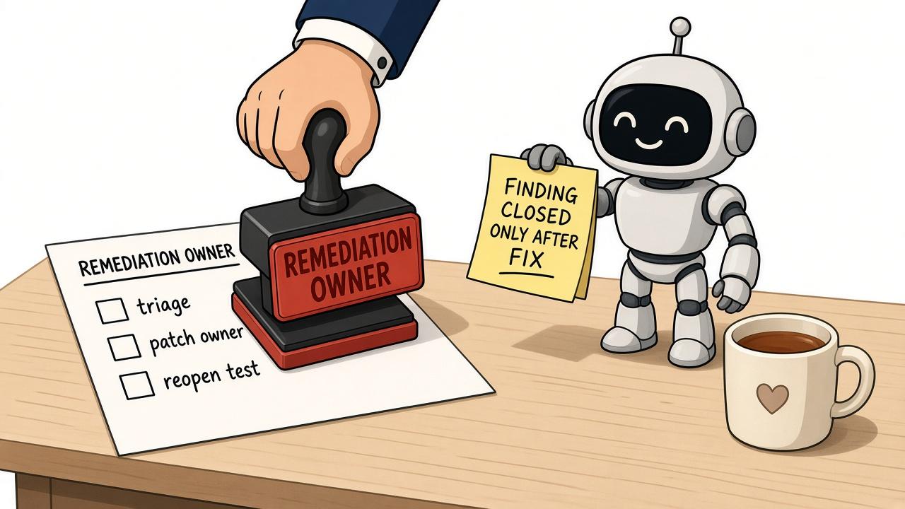 A warm editorial cartoon of a hand stamping REMEDIATION OWNER on a triage and patch-owner checklist while a small friendly robot holds a sticky note that says FINDING CLOSED ONLY AFTER FIX, white minimal background, bold outlines, soft cell shading, human warmth.