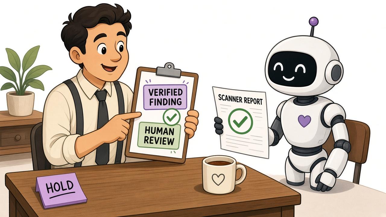 A warm editorial cartoon of an office worker holding a VERIFIED FINDING and HUMAN REVIEW clipboard while a small friendly robot offers a SCANNER REPORT with a green check and a HOLD card on the desk, white minimal background, bold black outlines, soft cell shading, narrative humor.