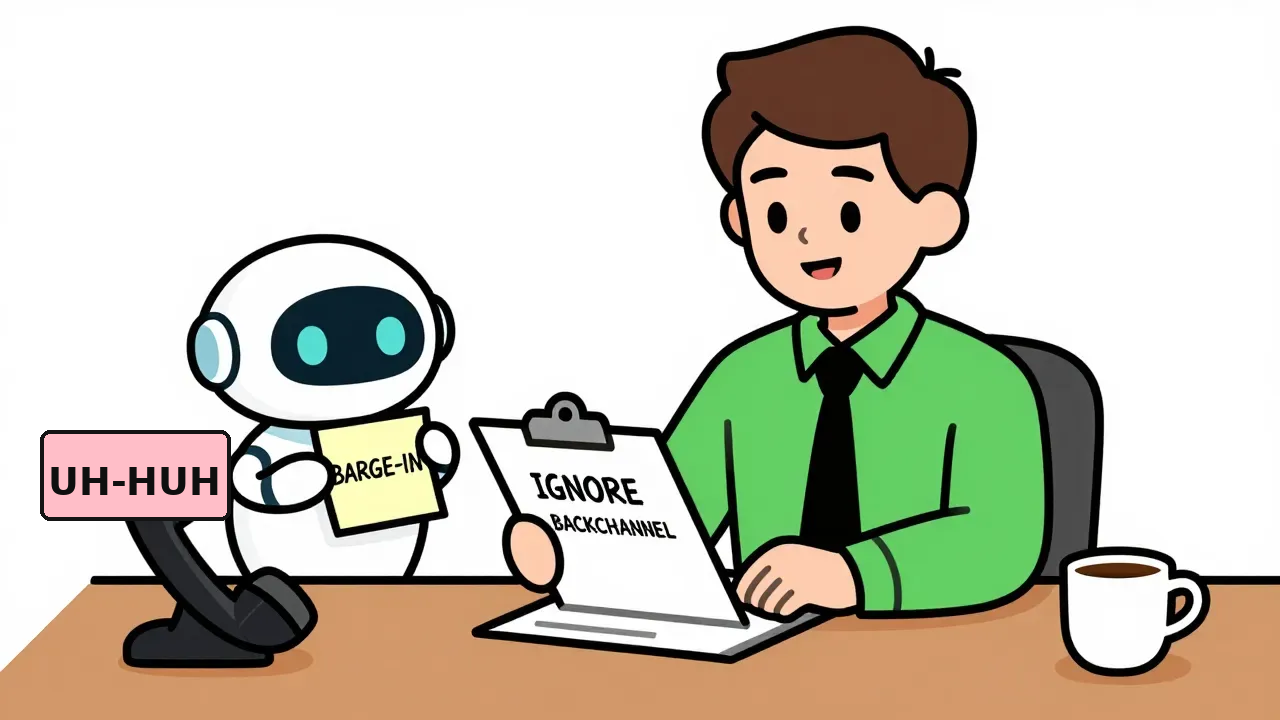 A warm editorial cartoon of an office worker writing IGNORE BACKCHANNEL on a clipboard while a small friendly robot holds BARGE-IN and UH-HUH sticky notes beside a phone handset on the desk, white minimal background, bold outlines, soft cell shading, human warmth.