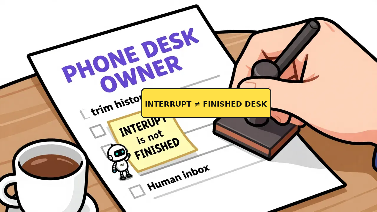 A warm editorial cartoon of a hand stamping PHONE DESK OWNER on a checklist covering trim history, handoff reason, and human inbox while a small friendly robot holds a sticky note that says INTERRUPT is not FINISHED DESK, white minimal background, bold outlines, soft cell shading, human warmth.