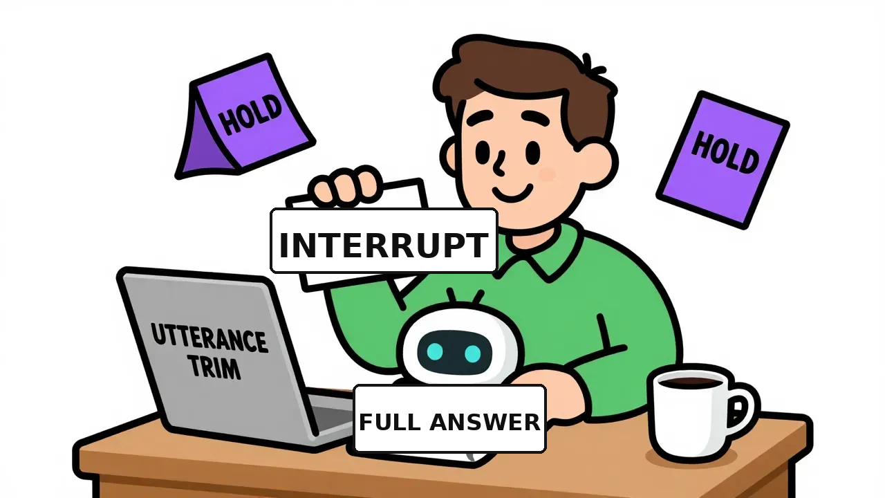 A warm editorial cartoon of an office worker at a desk holding an INTERRUPT message card and an UTTERANCE TRIM clipboard while a small friendly robot offers a FULL ANSWER scroll and a HOLD card sits on the desk, white minimal background, bold black outlines, soft cell shading, narrative humor.