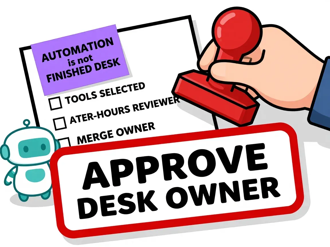 A warm editorial cartoon of a hand stamping APPROVE DESK OWNER on a checklist covering tools selected, after-hours reviewer, and merge owner while a sticky note says AUTOMATION is not FINISHED DESK, white minimal background, bold outlines, soft cell shading, human warmth.