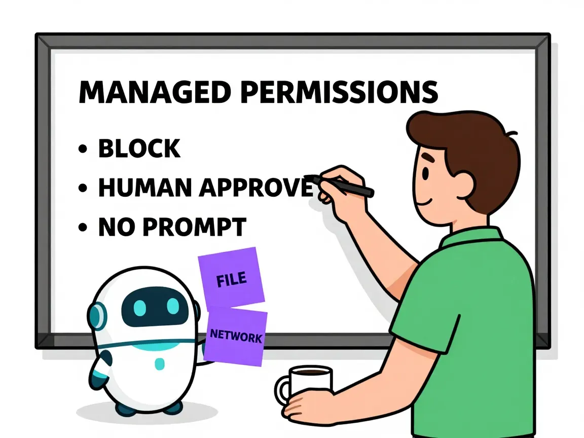A warm editorial cartoon of an admin writing MANAGED PERMISSIONS with BLOCK, HUMAN APPROVE, and NO PROMPT on a whiteboard while a small friendly robot holds SHELL, FILE, and NETWORK sticky notes, white minimal background, bold outlines, soft cell shading, human warmth.