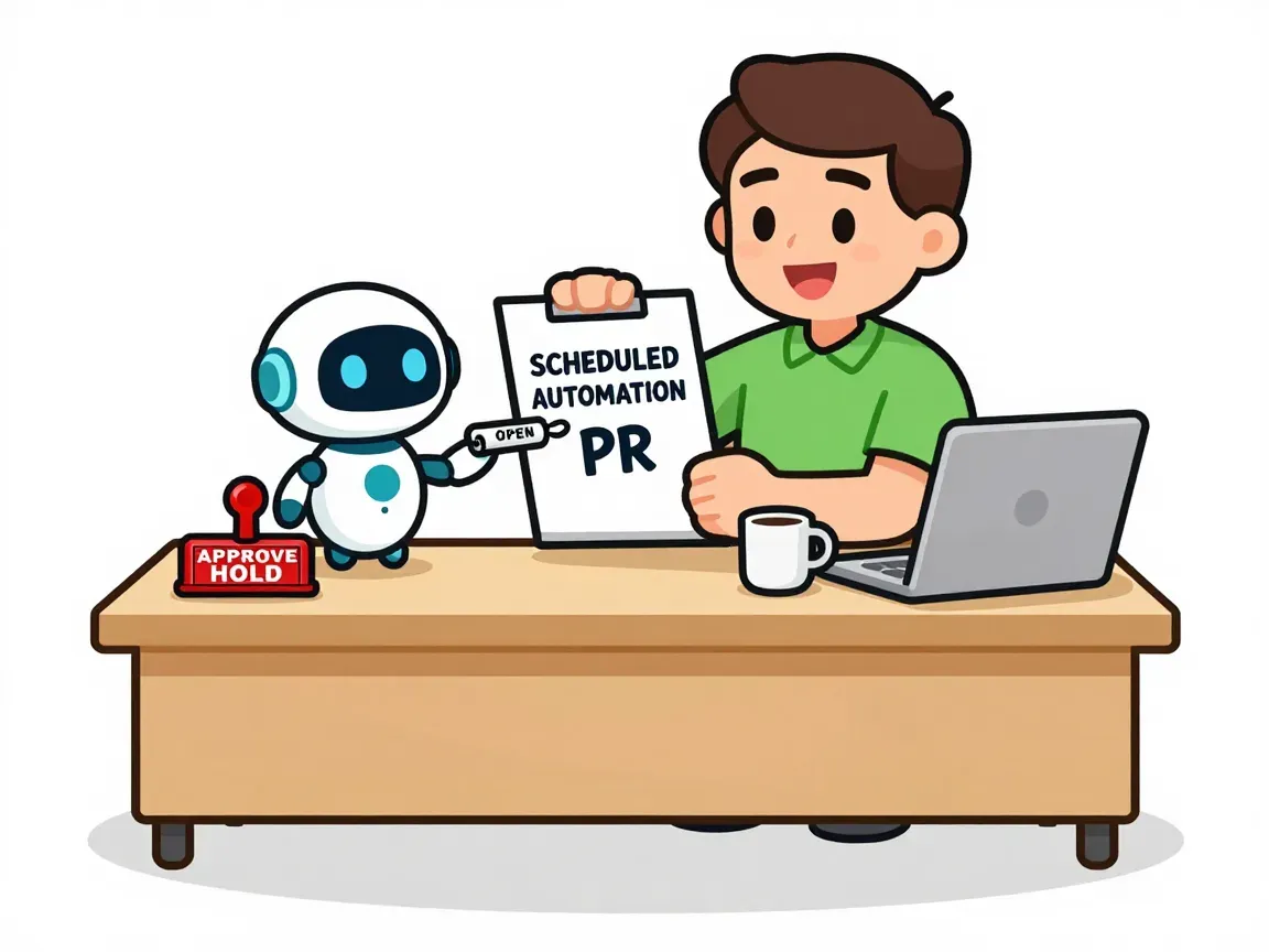 A warm editorial cartoon of an office worker at a desk holding a SCHEDULED AUTOMATION clipboard while a small friendly robot offers an OPEN PR scroll and an APPROVE HOLD stamp sits on the desk, white minimal background, bold black outlines, soft cell shading, narrative humor.