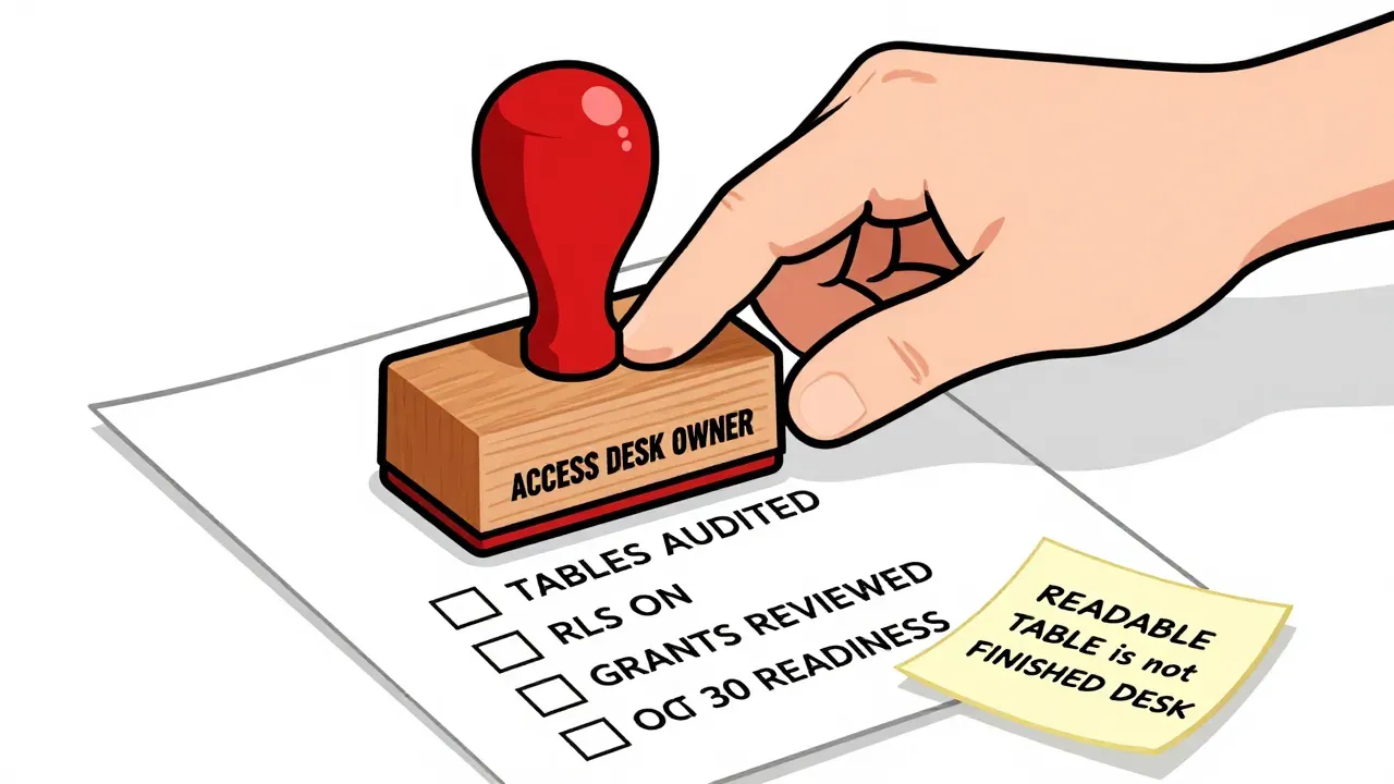 A warm editorial cartoon of a hand stamping ACCESS DESK OWNER on a checklist covering tables audited, RLS on, grants reviewed, and Oct 30 readiness while a sticky note says READABLE TABLE is not FINISHED DESK, white minimal background, bold outlines, soft cell shading, human warmth.