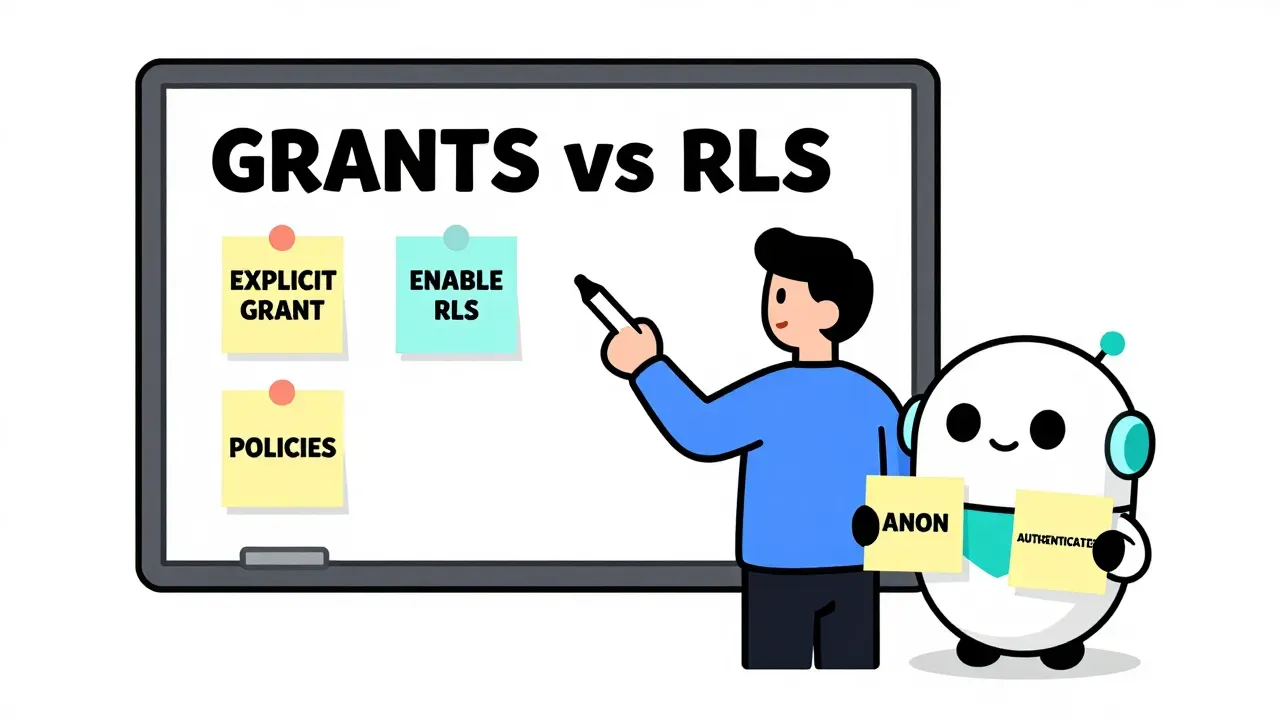 A warm editorial cartoon of a whiteboard labeled GRANTS vs RLS with sticky notes EXPLICIT GRANT, ENABLE RLS, and POLICIES while a small friendly robot holds ANON and AUTHENTICATED notes, white minimal background, bold outlines, soft cell shading, human warmth.