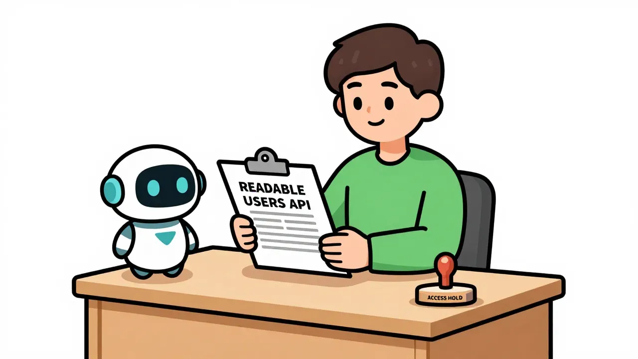 A warm editorial cartoon of an office worker at a desk holding a READABLE USERS TABLE clipboard while a small friendly robot offers an OPEN DATA API scroll and an ACCESS HOLD stamp sits on the desk, white minimal background, bold black outlines, soft cell shading, narrative humor.