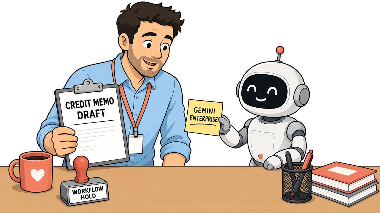 A warm editorial cartoon of an office worker at a desk holding a CREDIT MEMO DRAFT clipboard while a small friendly robot offers a GEMINI ENTERPRISE sticky note and a WORKFLOW HOLD stamp sits on the desk, white minimal background, bold black outlines, soft cell shading, narrative humor.