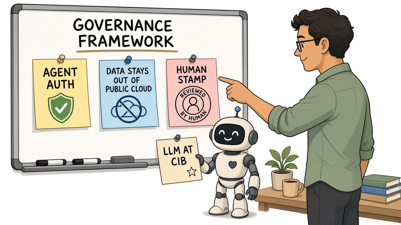 A warm editorial cartoon of a whiteboard labeled GOVERNANCE FRAMEWORK with sticky notes AGENT AUTH, DATA STAYS OUT OF PUBLIC CLOUD, and HUMAN STAMP while a small friendly robot holds an LLM AT CIB note, white minimal background, bold outlines, soft cell shading, human warmth.