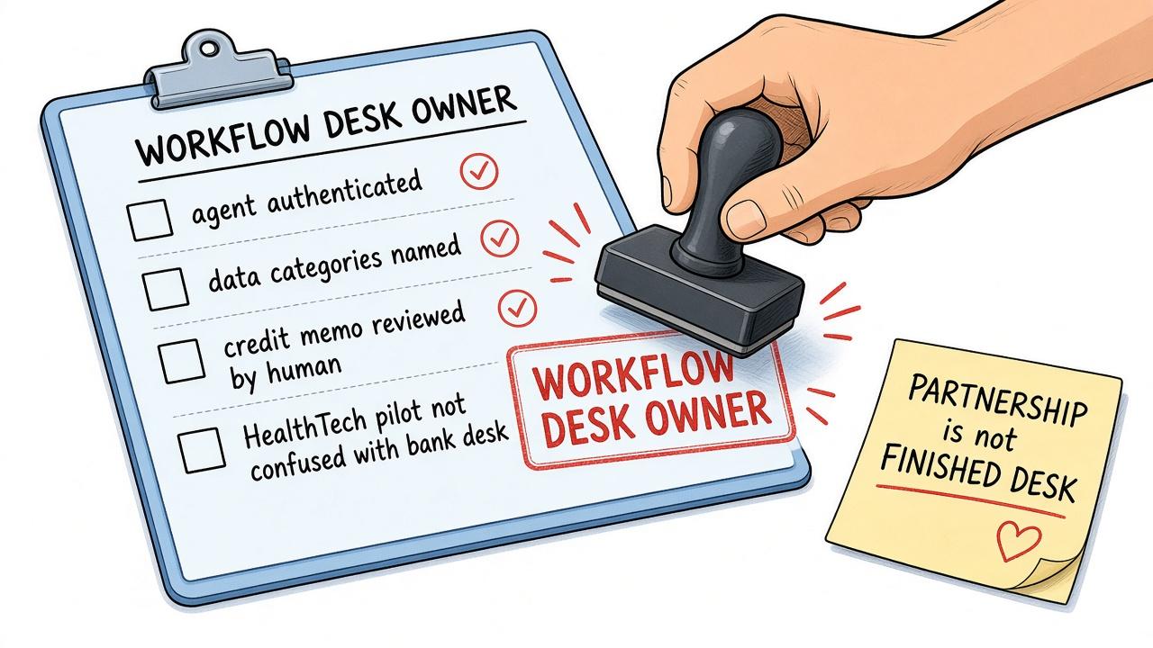 A warm editorial cartoon of a hand stamping WORKFLOW DESK OWNER on a checklist covering agent authenticated, data categories named, credit memo reviewed by human, and HealthTech pilot not confused with bank desk while a sticky note says PARTNERSHIP is not FINISHED DESK, white minimal background, bold outlines, soft cell shading, human warmth.
