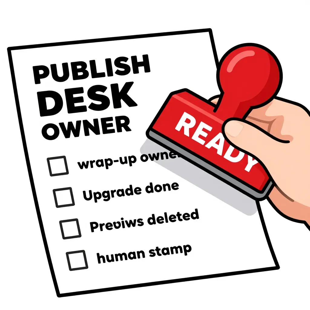 A warm editorial cartoon of a hand stamping PUBLISH DESK OWNER on a checklist covering credits wrap-up owned, ImageResponse upgraded, vulnerable previews deleted, and human stamp before production while a READY stamp lands on the page, white minimal background, bold outlines, soft cell shading, human warmth.