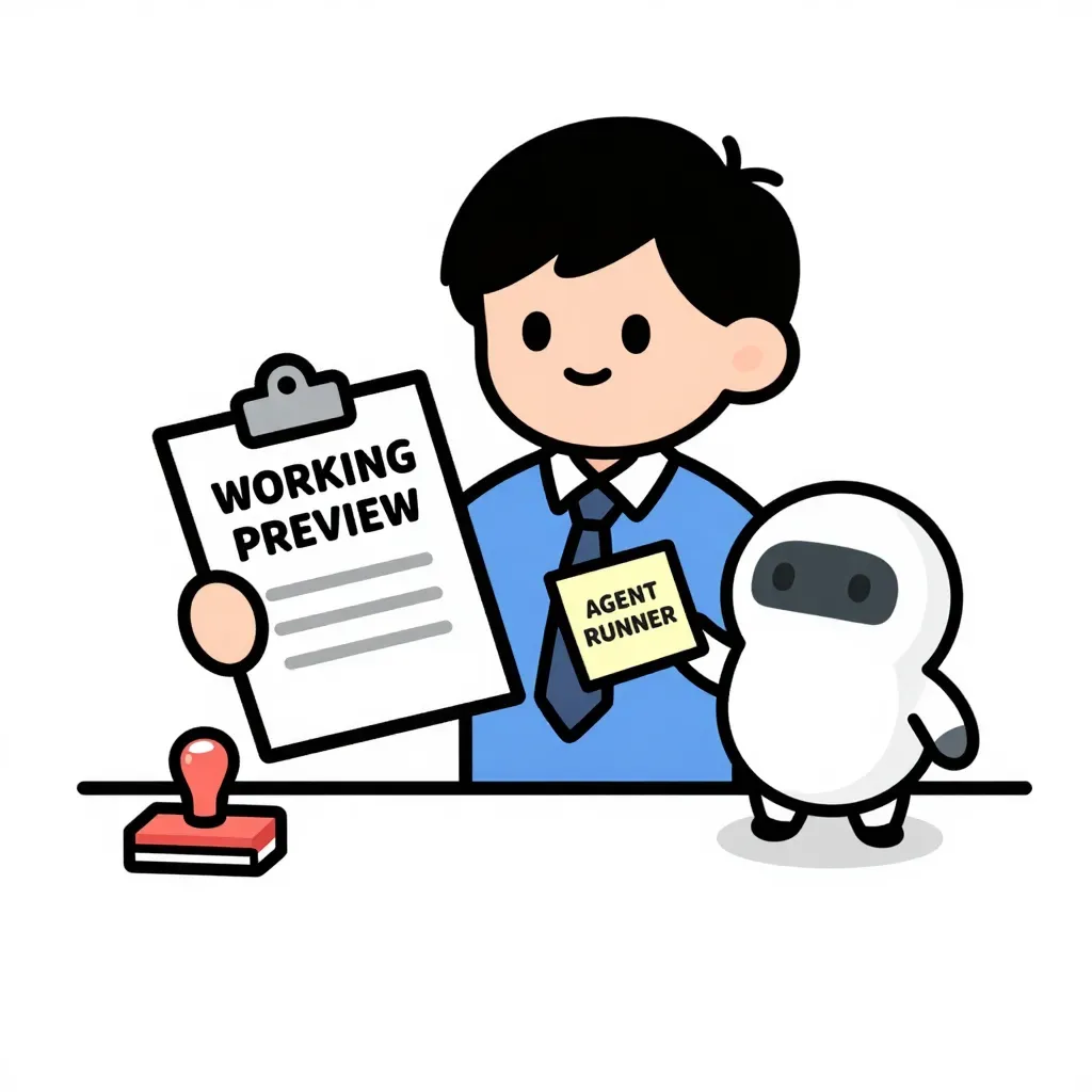 A warm editorial cartoon of an office worker at a desk holding a WORKING PREVIEW clipboard while a small friendly robot offers an AGENT RUNNER sticky note and a PUBLISH HOLD stamp sits on the desk, white minimal background, bold black outlines, soft cell shading, narrative humor.