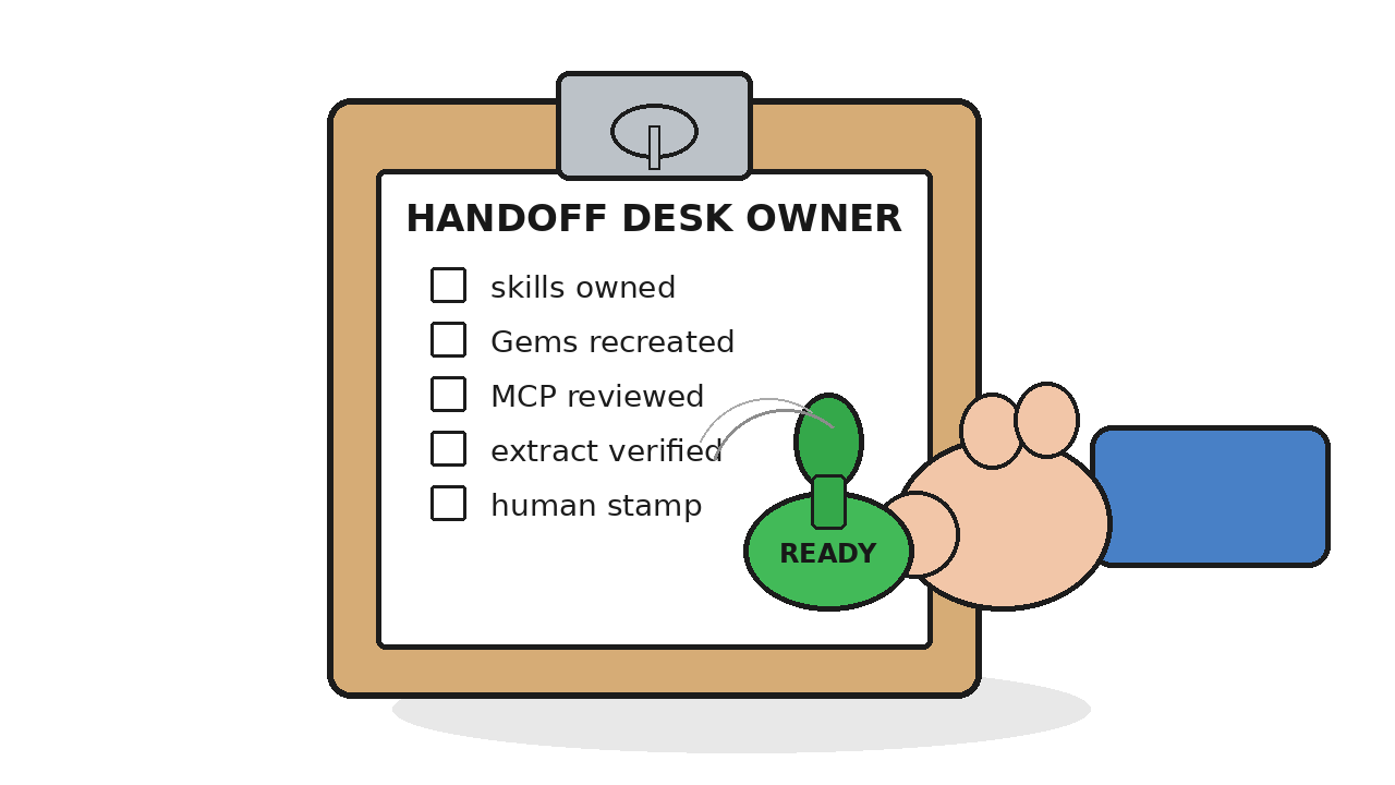 A warm editorial cartoon of a hand stamping HANDOFF DESK OWNER on a checklist covering skills owned in Workspace, Gems recreated where needed, MCP connectors reviewed, extract verified, and human stamp before leave-desk, while a READY stamp lands on the page, white minimal background, bold outlines, soft cell shading, human warmth.