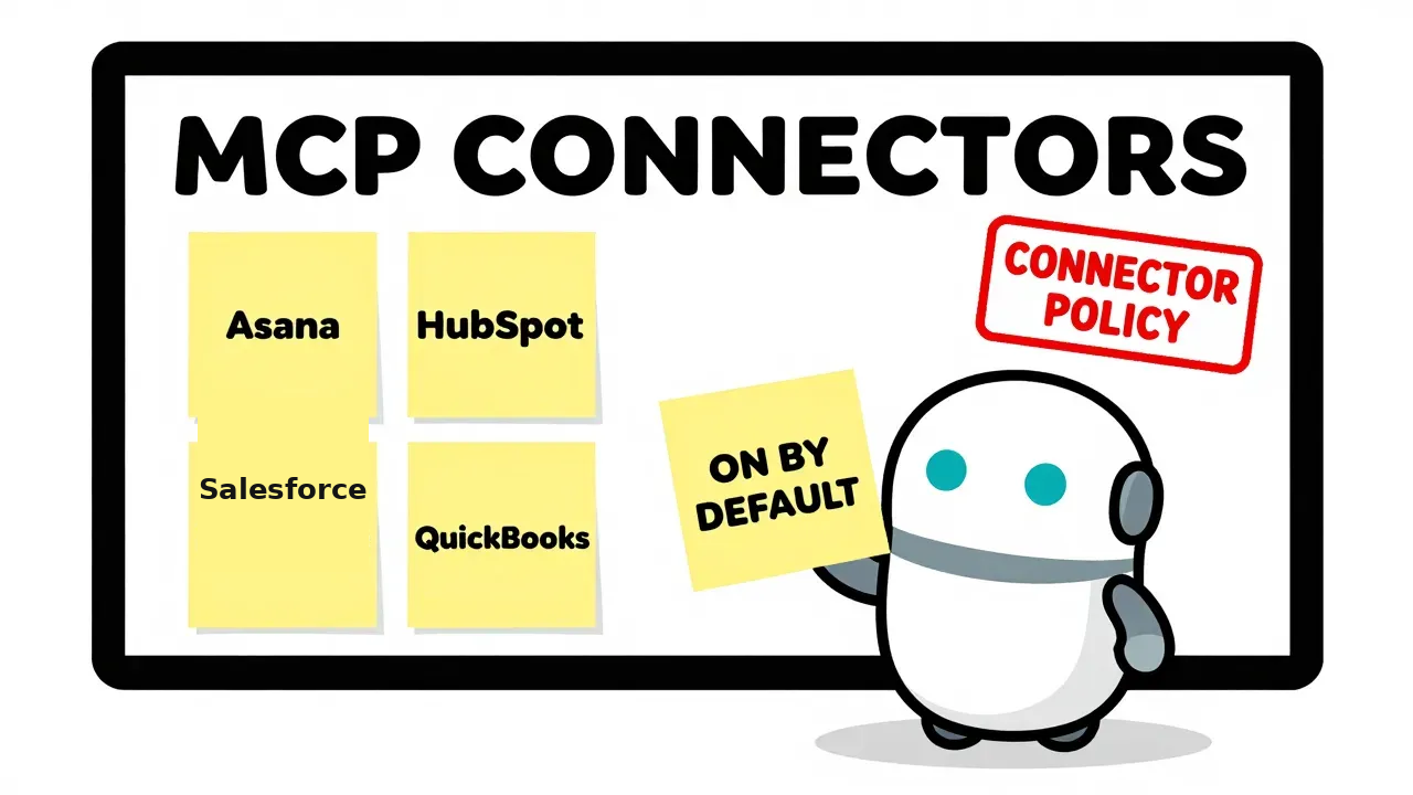 A warm editorial cartoon of a whiteboard labeled MCP CONNECTORS with sticky notes Asana, HubSpot, Salesforce, and QuickBooks, an Admin console stamp reading CONNECTOR POLICY, and a small friendly robot holding an ON BY DEFAULT question note, white minimal background, bold outlines, soft cell shading, human warmth.