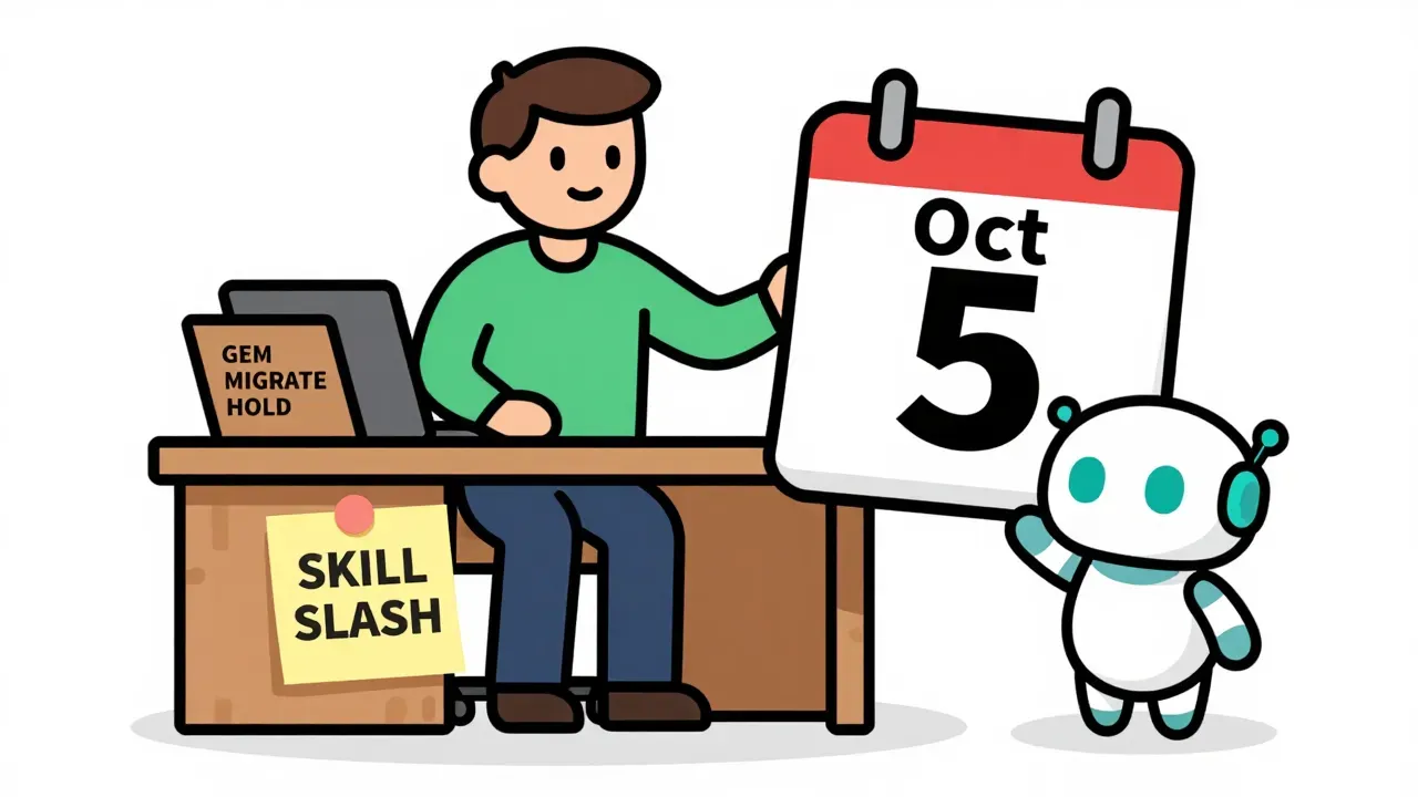 A warm editorial cartoon of an office worker at a desk with a sticky note reading SKILL slash and a folder labeled GEM to MIGRATE HOLD, while a small friendly robot offers a Workspace calendar marked Oct 5, white minimal background, bold black outlines, soft cell shading, narrative humor.