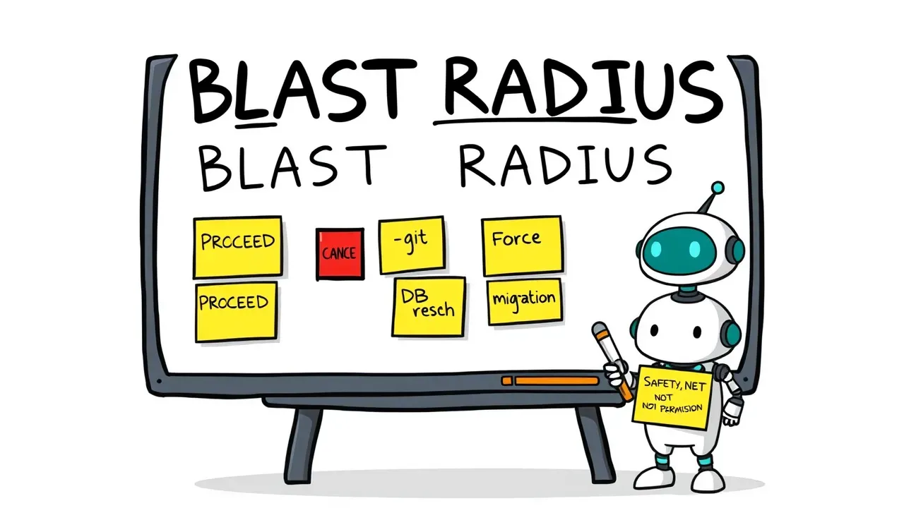 A warm editorial cartoon of a whiteboard labeled BLAST RADIUS with PROCEED and CANCEL, sticky notes for risky commands, and a small friendly robot holding a SAFETY NET NOT PERMISSION RULES note, white minimal background, bold outlines, soft cell shading, human warmth.