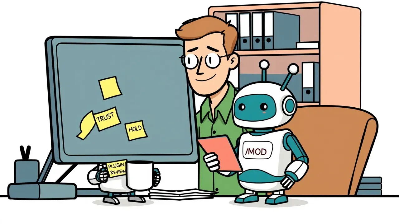 A warm editorial cartoon of an office worker at a desk with sticky notes reading TRUST HOLD and PLUGIN REVIEW, while a small friendly robot offers a folder labeled MOD, white minimal background, bold black outlines, soft cell shading, narrative humor.