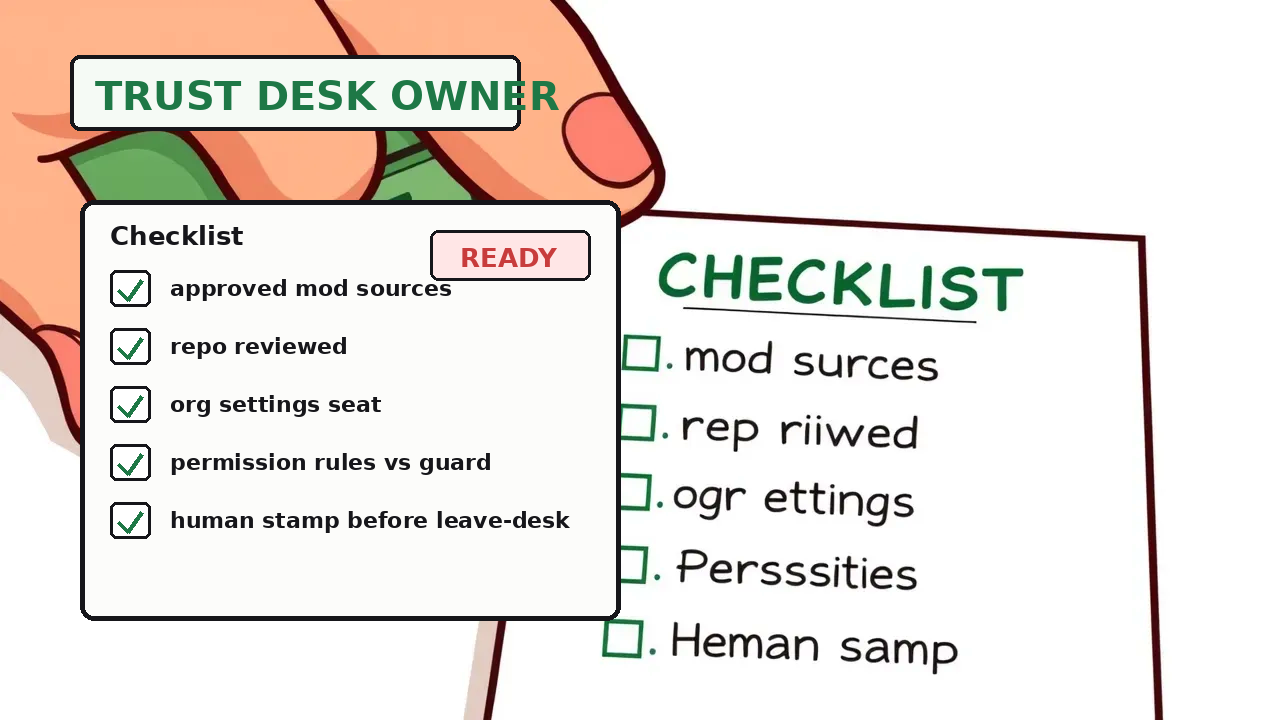 A warm editorial cartoon of a hand stamping TRUST DESK OWNER on a checklist covering approved mod sources, repo reviewed, org settings seat, permission rules vs guard, and human stamp before leave-desk, white minimal background, bold outlines, soft cell shading, human warmth.
