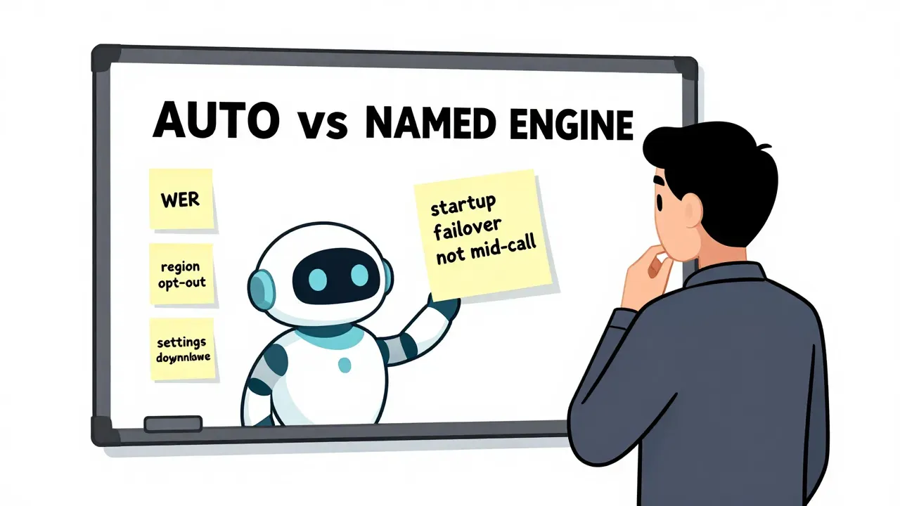 A warm editorial cartoon of a whiteboard labeled AUTO vs NAMED ENGINE, sticky notes for WER, region, opt-out, and settings downgrade, and a small friendly robot holding a startup failover not mid-call note, white minimal background, bold outlines, soft cell shading, human warmth.