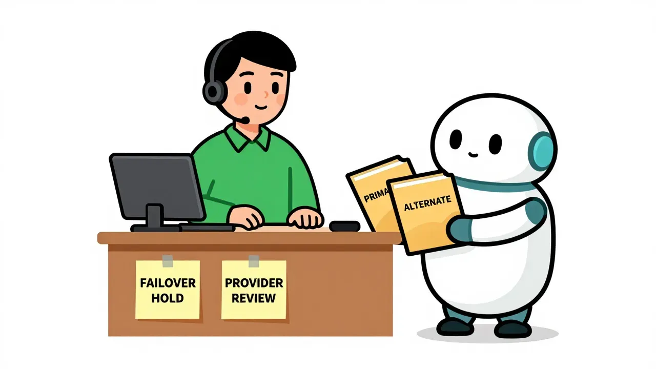 A warm editorial cartoon of an office worker at a phone desk with sticky notes reading FAILOVER HOLD and PROVIDER REVIEW, while a small friendly robot offers two folders labeled PRIMARY and ALTERNATE, white minimal background, bold black outlines, soft cell shading, narrative humor.