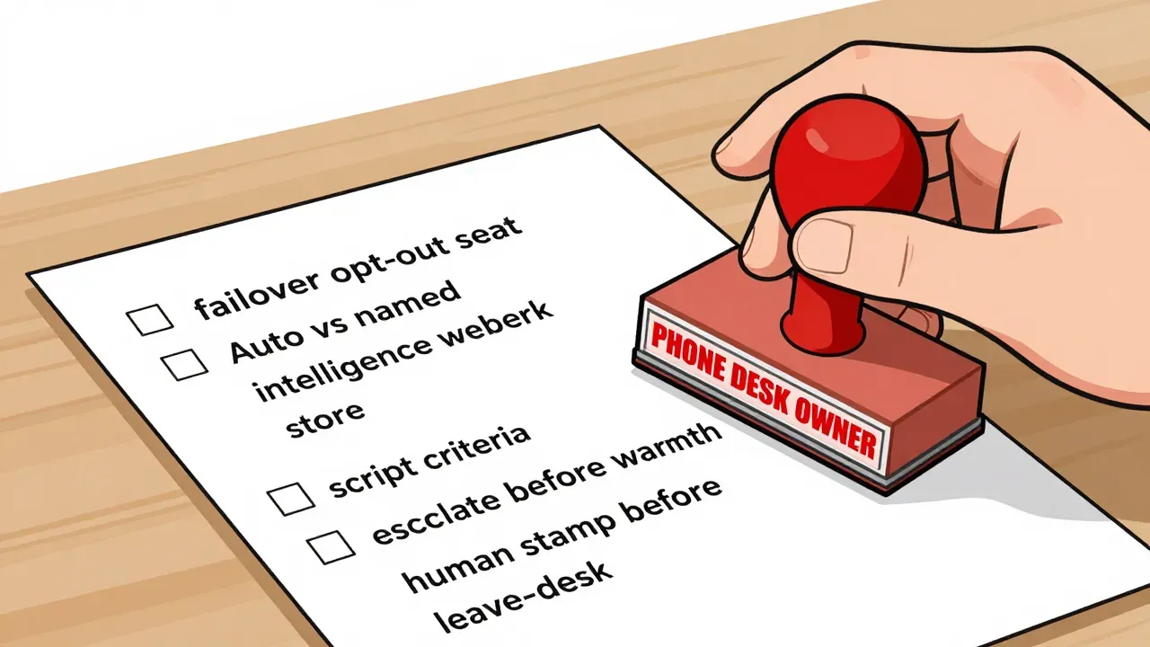 A warm editorial cartoon of a hand stamping PHONE DESK OWNER on a checklist covering failover opt-out seat, Auto vs named, intelligence webhook store, script criteria, escalate before warmth, and human stamp before leave-desk, white minimal background, bold outlines, soft cell shading, human warmth.