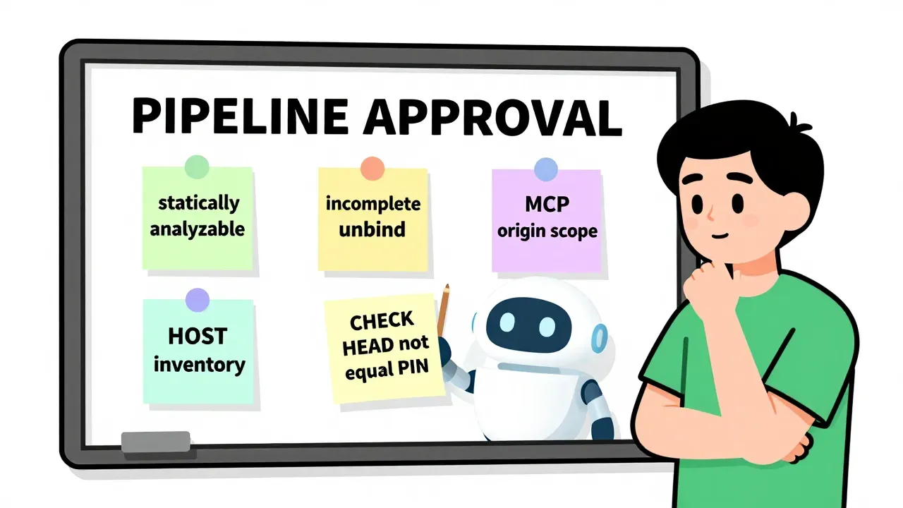 A warm editorial cartoon of a whiteboard labeled PIPELINE APPROVAL with sticky notes for statically analyzable, incomplete unbound, MCP origin scope, and plugin HOST inventory, and a small friendly robot holding a CHECK HEAD not equal PIN note, white minimal background, bold outlines, soft cell shading, human warmth.