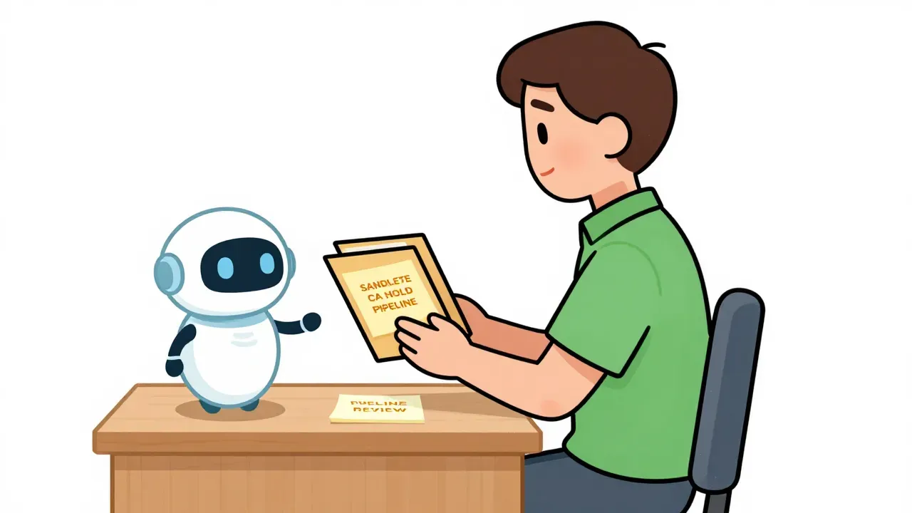 A warm editorial cartoon of an office worker at a desk with sticky notes reading SANDBOX CA HOLD and PIPELINE REVIEW, while a small friendly robot offers pipeline review folders, white minimal background, bold black outlines, soft cell shading, narrative humor.