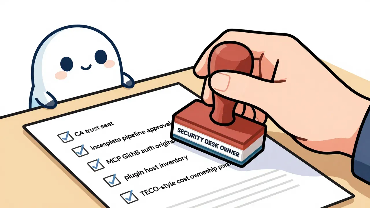 A warm editorial cartoon of a hand stamping SECURITY DESK OWNER on a checklist covering CA trust seat, incomplete pipeline approval, MCP GitHub auth origins, plugin host inventory, and TECO-style cost ownership parallel, white minimal background, bold outlines, soft cell shading, human warmth.
