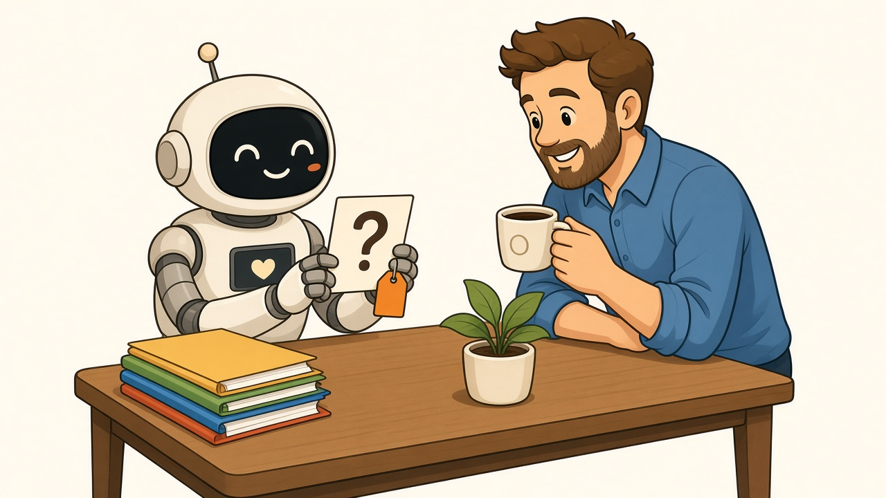 A warm editorial cartoon of a friendly round robot at a small office desk politely holding up a card with a question mark and a tiny price tag, waiting while a smiling business owner with a coffee mug leans in to read it, a stack of folders and a desk plant nearby, clean vector, bold black outlines, soft cell shading, white minimal background, gentle humor.