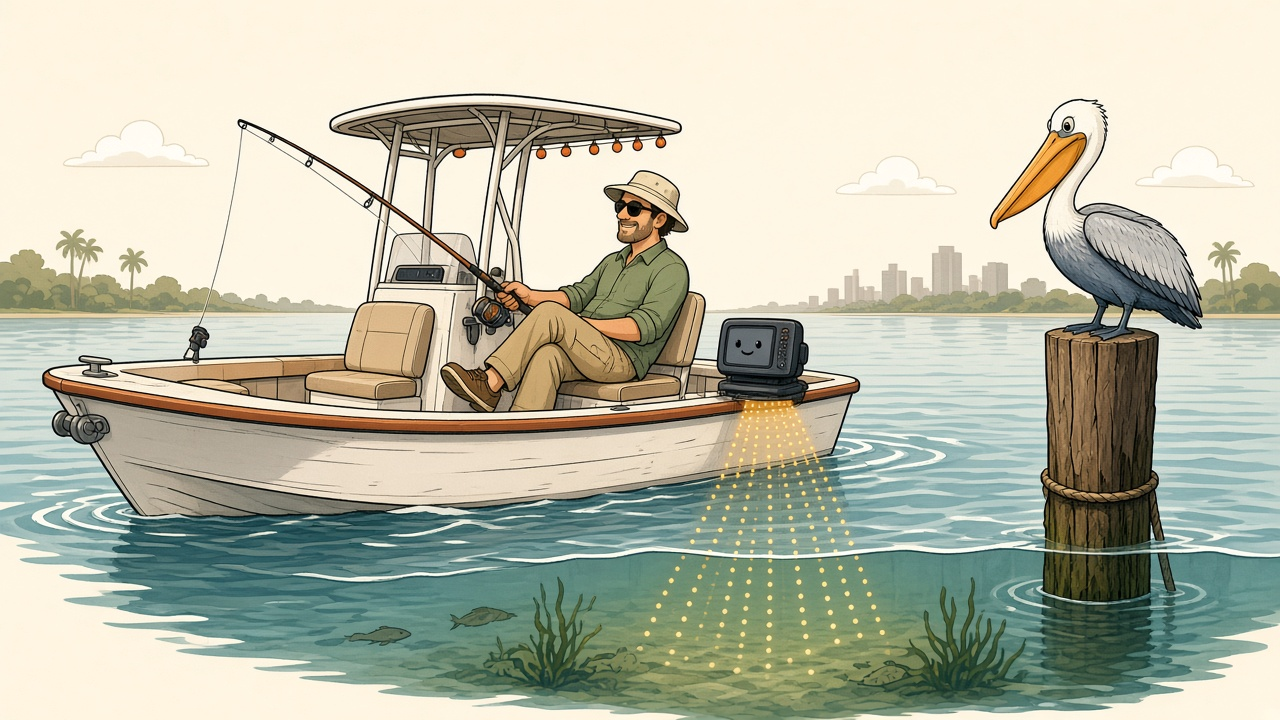 A warm editorial cartoon of a small fishing boat on calm bay water, a relaxed boater holding a fishing rod while a little friendly data logger box on the stern beams tiny dotted depth readings down into the water, with a cheerful pelican watching from a piling, clean vector, bold black outlines, soft cell shading, white minimal background.