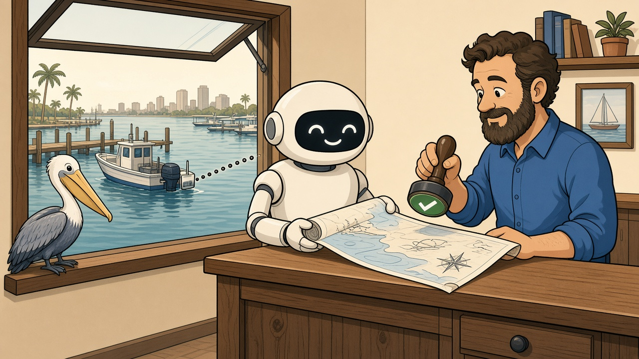A warm editorial cartoon of a marina office where a friendly round robot hands a rolled nautical chart across a wooden counter to a smiling business owner holding a green checkmark stamp, while a small boat with a data logger beams dotted readings in through the window and a pelican watches from the sill, clean vector, bold black outlines, soft cell shading.