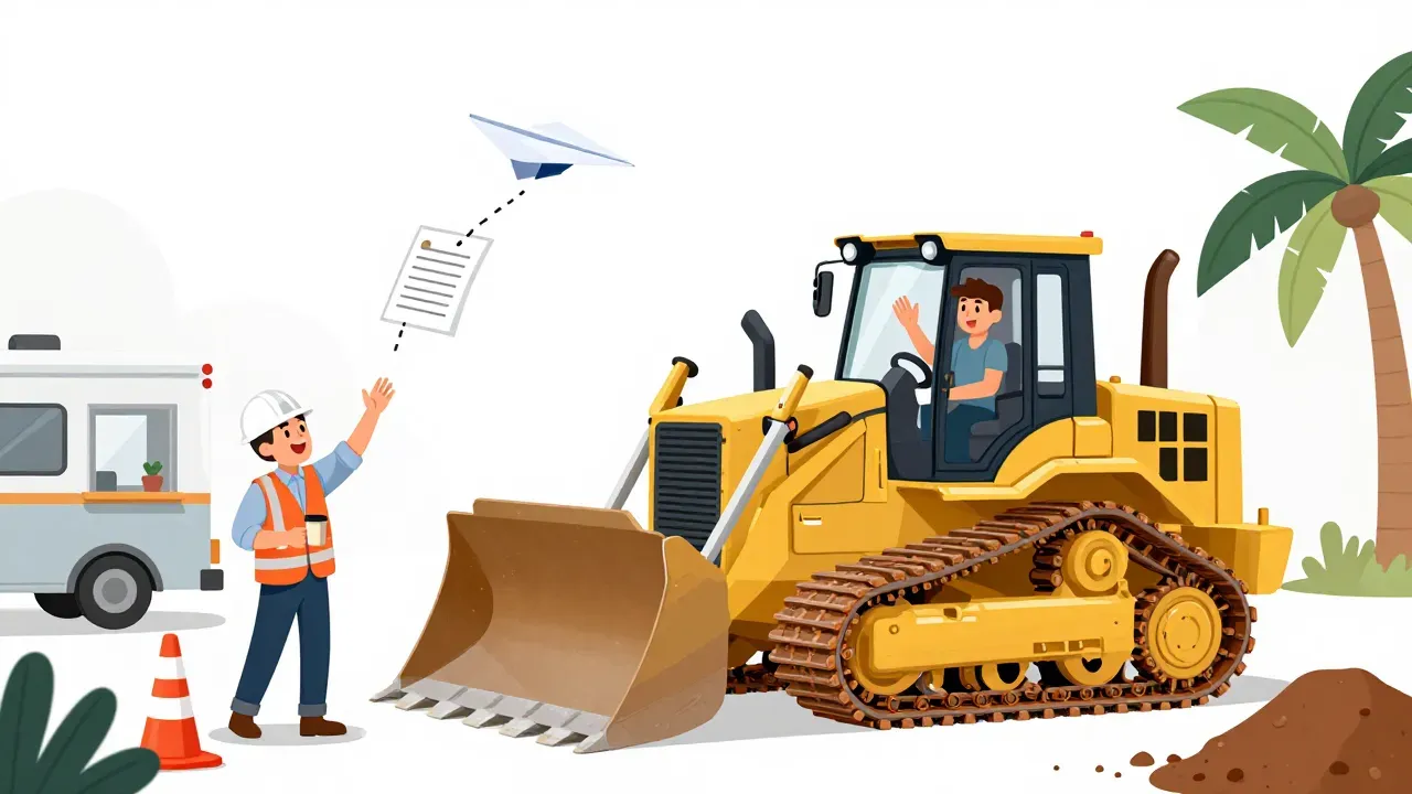 A warm editorial cartoon of a cheerful yellow bulldozer on a sunny construction site, the smiling operator waving from the cab, while a paper checklist folded into a paper airplane flies along a dotted line toward a site office trailer where a foreman in a white hard hat and orange vest reaches up to catch it with a coffee in his other hand, traffic cones and a palm tree nearby, clean vector, bold black outlines, soft cell shading, white minimal background.