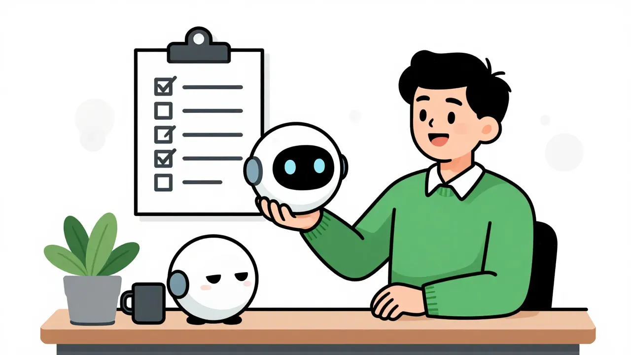 A warm editorial cartoon of a relaxed, smiling business owner in a green sweater at a desk holding up a shiny new round robot head, while the old robot head sits on the desk with a sleepy expression beside a coffee mug and a potted plant, and a large clipboard checklist with simple checkmarks hangs on the wall behind him, unchanged, clean vector, bold black outlines, soft cell shading, white minimal background, gentle humor.
