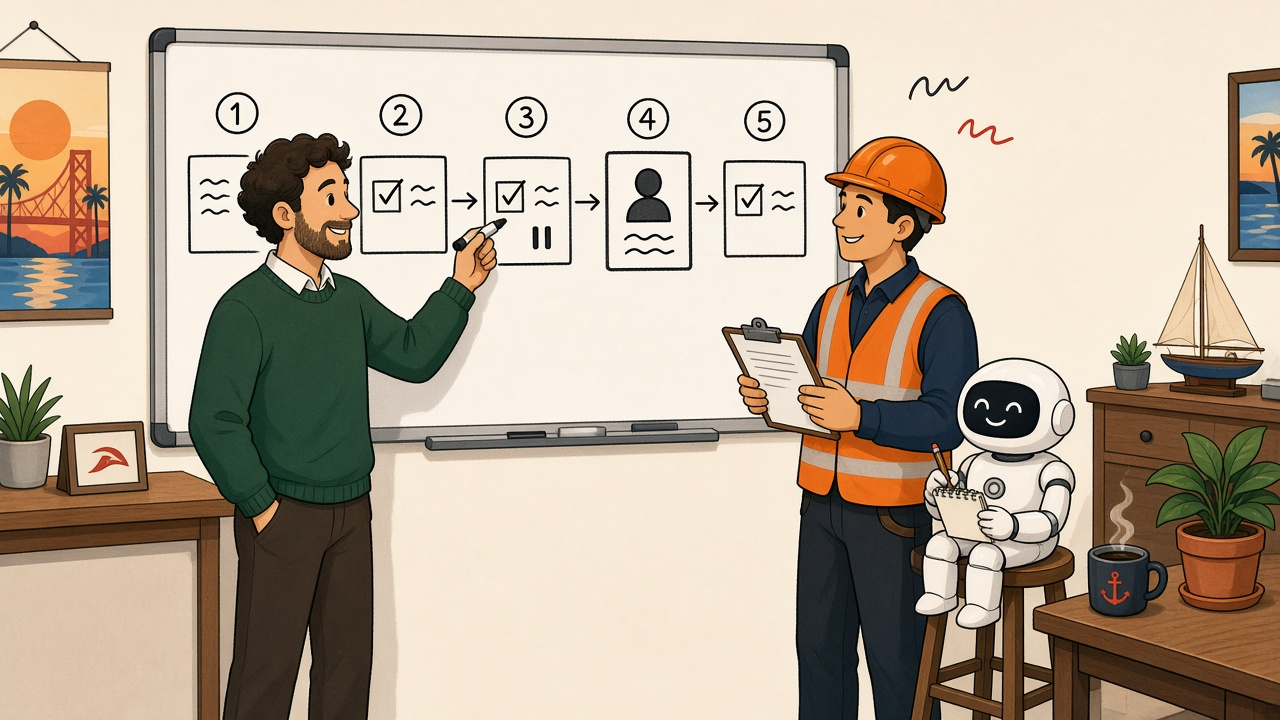 A warm editorial cartoon of a smiling business owner in a green sweater sketching a simple five-step flow of boxes and arrows on a whiteboard, one step marked with a pause icon and a person silhouette for waiting on a yes, while a crew member in an orange safety vest and hard hat nods with a clipboard and a friendly round robot on a stool takes notes, clean vector, bold black outlines, soft cell shading.