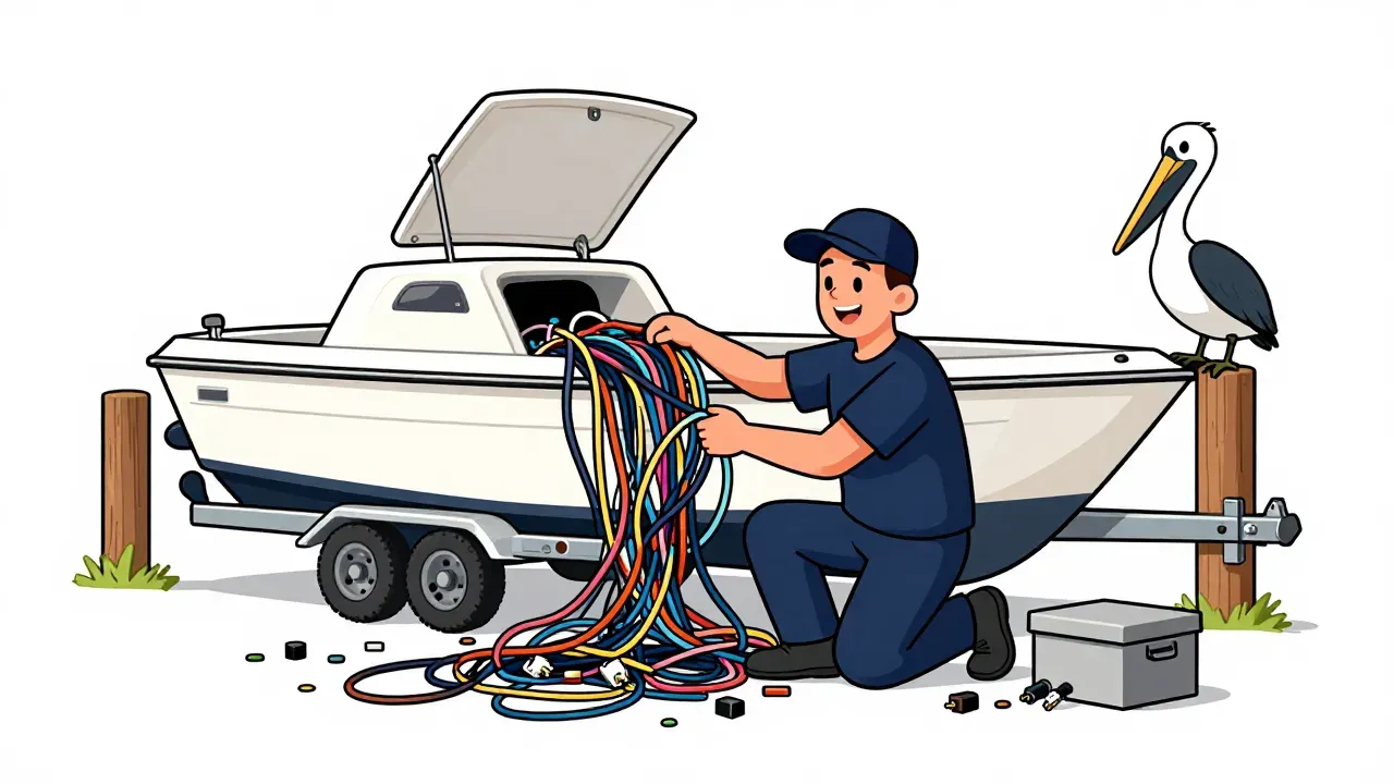 A warm editorial cartoon of a cheerful marine technician in a navy cap kneeling beside a small white boat on a trailer in a sunny boatyard, pulling a giant comical tangle of colorful wires and loose fuses out of the open console hatch while one tidy gray box waits on the ground beside him and a curious pelican watches from a wooden piling, clean vector, bold black outlines, soft cell shading, white minimal background.
