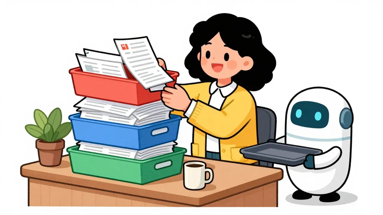 A warm editorial cartoon of a smiling office worker with curly hair and a yellow cardigan sorting paper invoices into a stack of tidy red, blue, and green trays at a wooden desk, while a friendly round white robot with a teal face waits patiently beside her holding an empty tray, a coffee mug and potted plant on the desk, clean vector, bold black outlines, soft cell shading, white minimal background, gentle humor.
