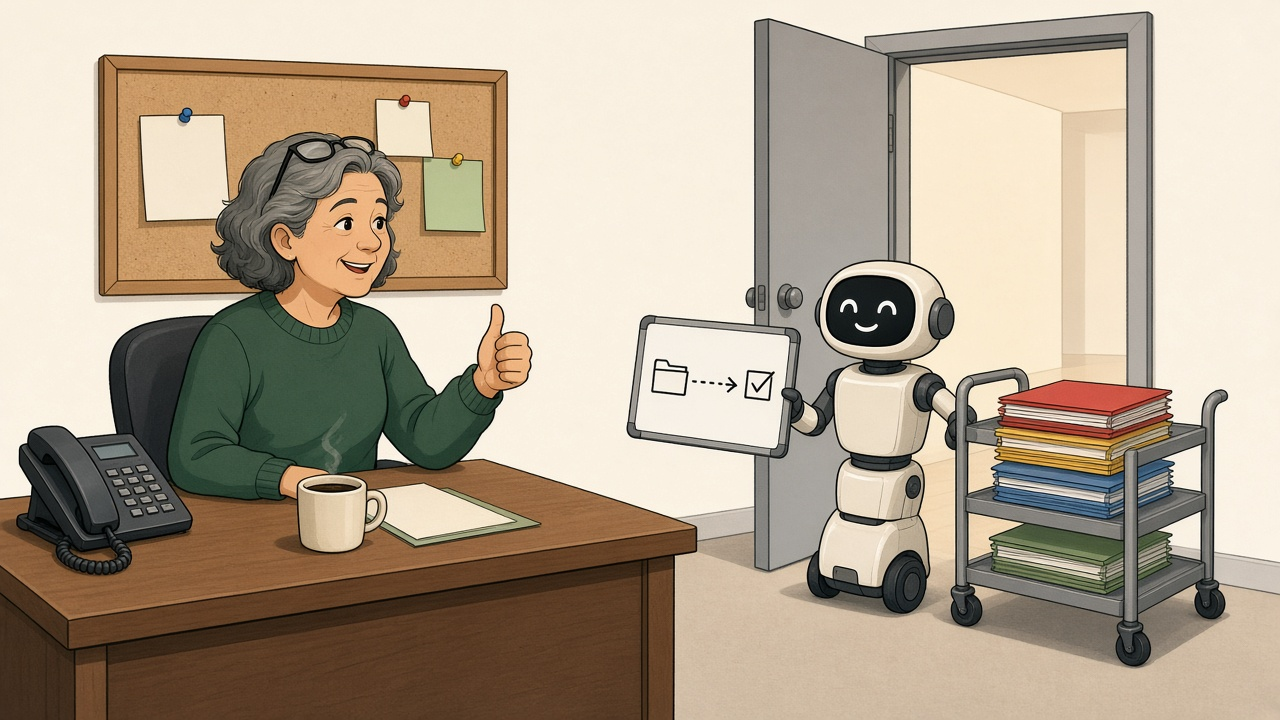 A warm editorial cartoon of a friendly white robot on wheels pausing in an office doorway with a rolling cart of color-coded folders, holding up a small whiteboard with a dotted arrow from a folder to a checkmark, while a smiling woman with gray hair and a green sweater at a desk with a phone and coffee mug gives it a thumbs up, clean vector, bold black outlines, soft cell shading, white minimal background, gentle humor.