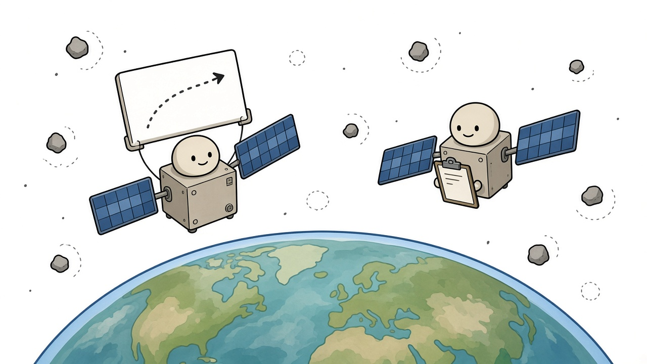 A warm editorial cartoon of two friendly boxy satellites with blue solar panels floating above a curved slice of Earth, the left one politely holding up a card with a dotted arrow showing its planned path while the right one holds a small clipboard and smiles, with a few gray bits of debris circled by dotted tracking rings in the distance, clean vector, bold black outlines, soft cell shading, white minimal background.