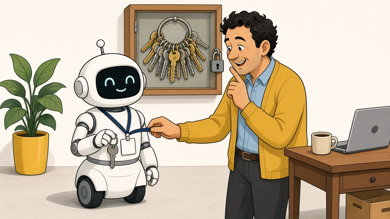 A warm editorial cartoon of a friendly white robot on wheels on its first day at work, receiving a blank name badge on a lanyard and a small ring with just two keys from a smiling office manager in a mustard cardigan, who playfully raises a finger while a huge ring of keys stays locked in a glass cabinet behind them, clean vector, bold black outlines, soft cell shading, white minimal background.