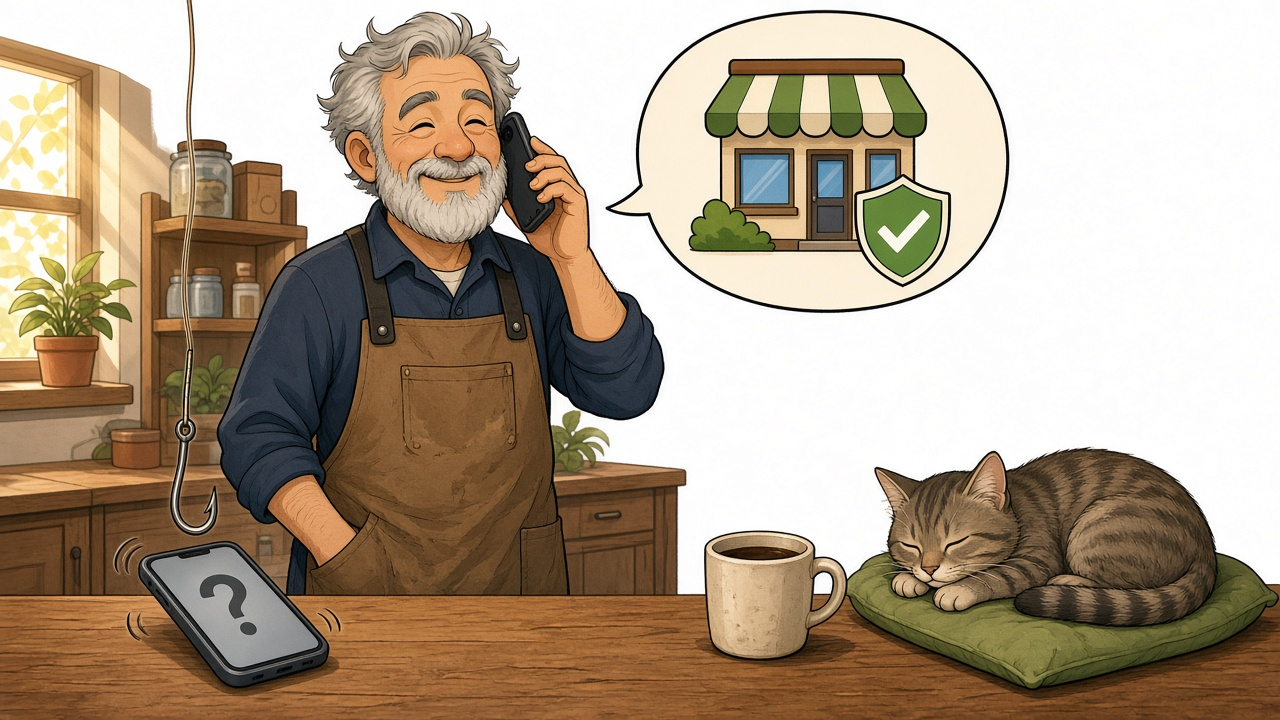 A warm editorial cartoon of a cheerful gray-bearded shop owner in a work apron answering his phone with a relieved smile beside a speech bubble showing a small storefront and a green checkmark shield, while a second phone with a question mark buzzes ignored on the counter under a dangling fishing hook and a tabby cat naps on a cushion, clean vector, bold black outlines, soft cell shading, white minimal background.
